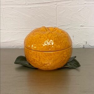 Anthropologie Orange Ceramic Fruit Trinket Box with Leaf Base, Good Luck Symbol
